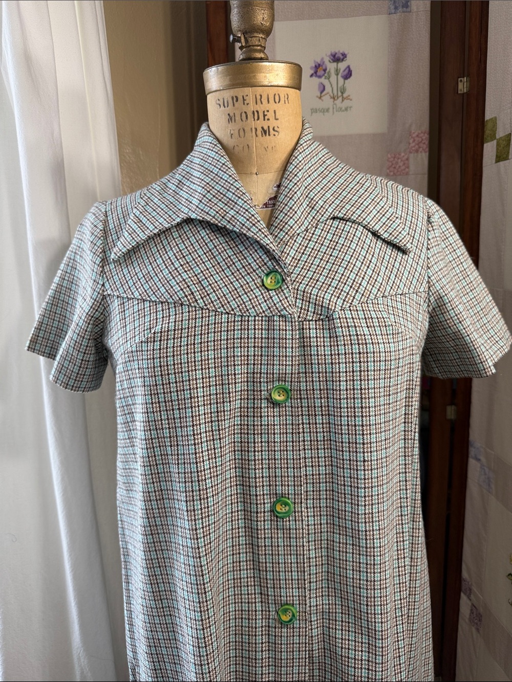 Vintage 1970s Handmade Plaid Shirtwaist Dress Green Buttons A-Line Mod M